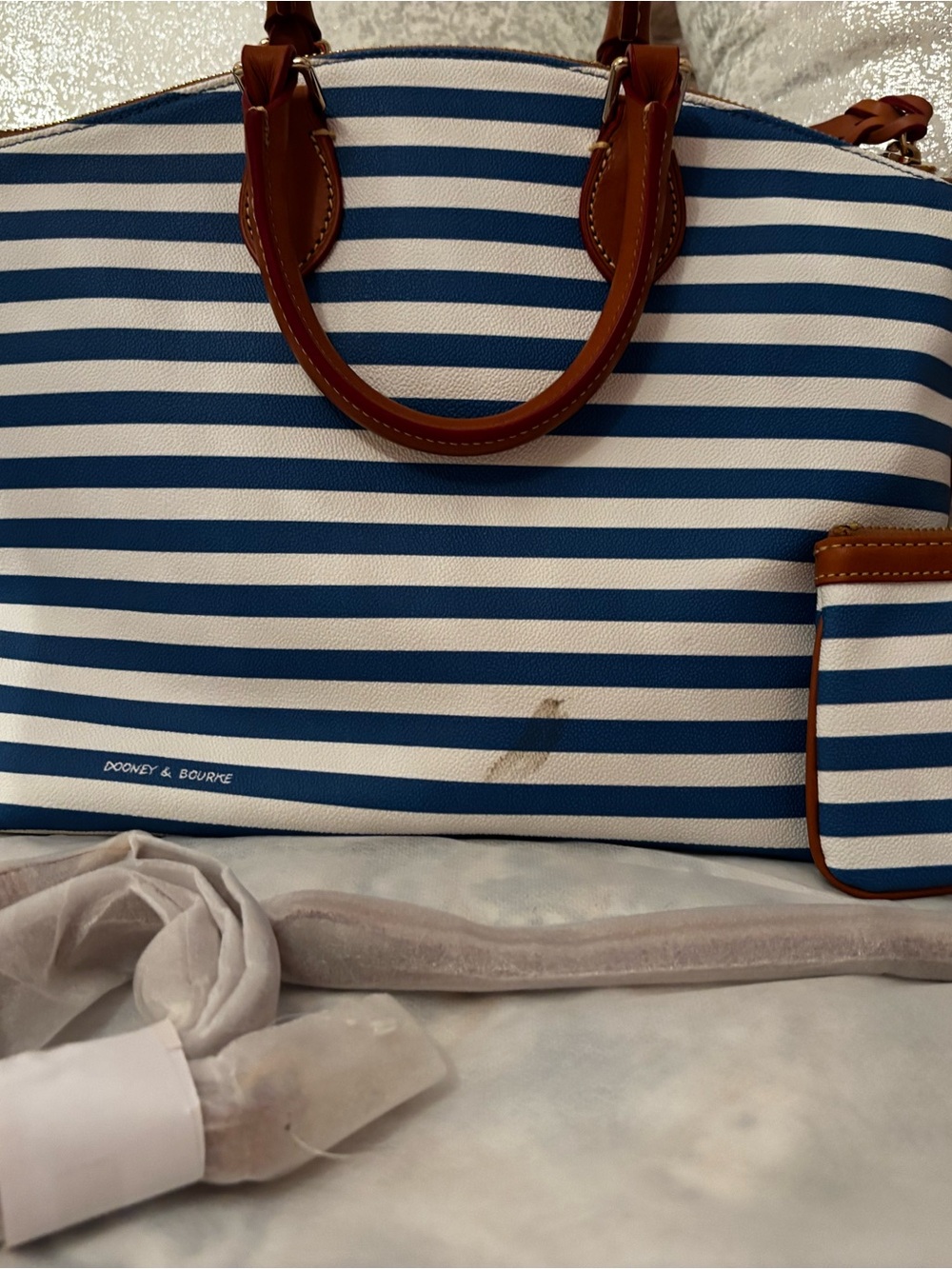Dooney & Bourke Blue and White Striped Tote with Brown Leather Trim - Picture 3 of 10